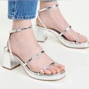 Larroude Gio Sandal Metallic Silver Specchio Block Heel Chunky Strappy Size 8